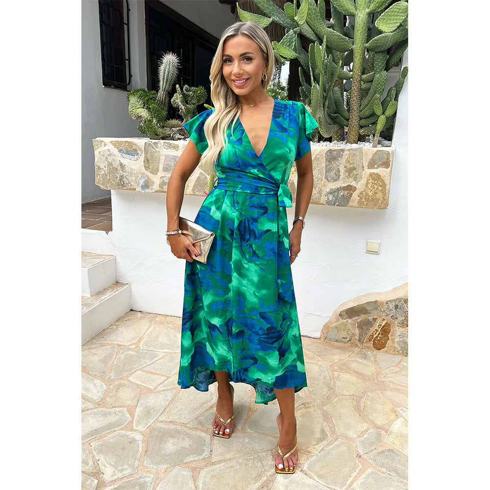 AX Paris Green And Blue Abstract Print Short Sleeve Belted Wrap Midi Dress