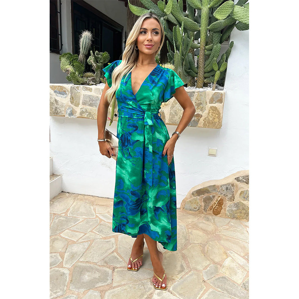 AX Paris Green And Blue Abstract Print Short Sleeve Belted Wrap Midi Dress
