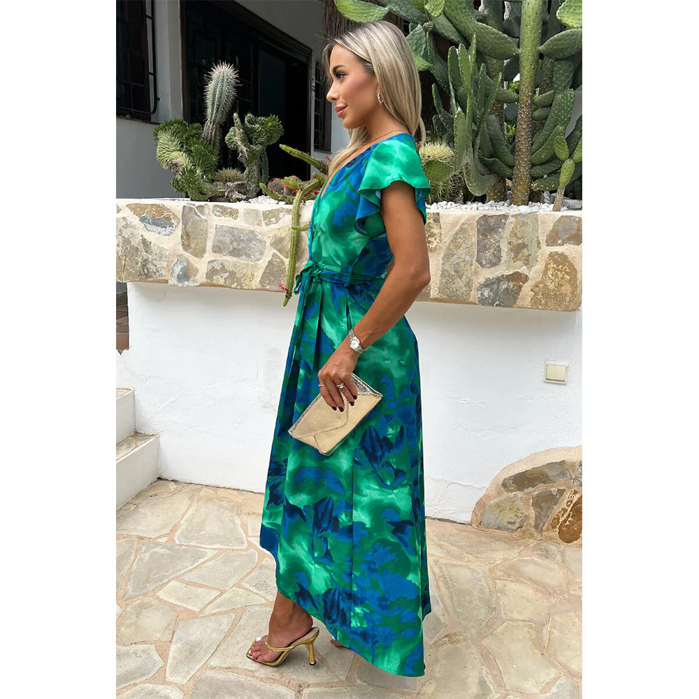 AX Paris Green And Blue Abstract Print Short Sleeve Belted Wrap Midi Dress