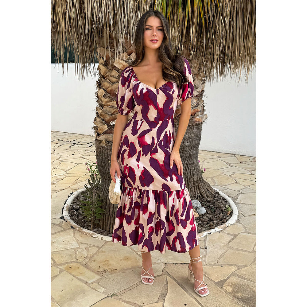 AX Paris Purple And Cream Animal Print Puff Sleeve Smock Midi Dress