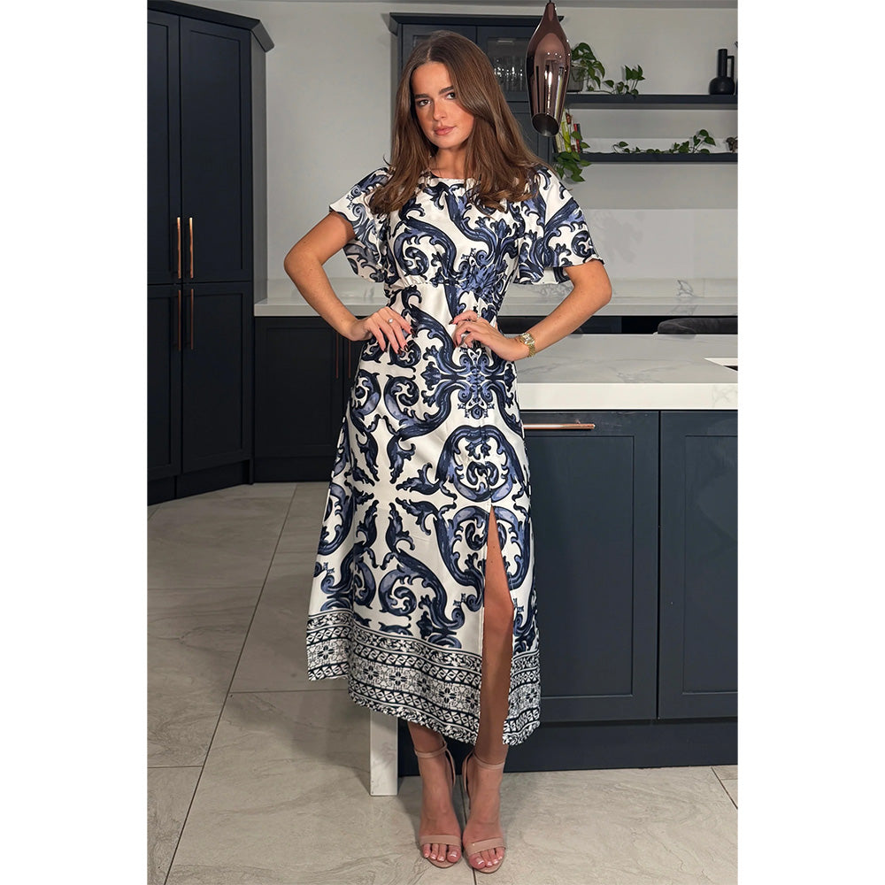 Girl in Mind Britney Navy Print Angel Sleeve Midi Dress H Mcilroy London Girl in Mind Britney Navy Print Angel Sleeve Midi Dress H Mcilroy London