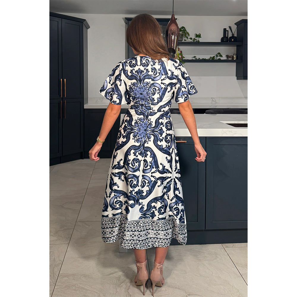 Girl in Mind Britney Navy Print Angel Sleeve Midi Dress