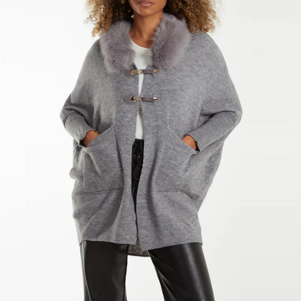 Knitted Batwing Jacket with Fluffy Collar