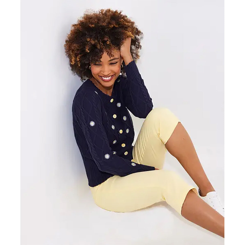 Jow Browns Daisy Embroidered Cable Knit Cardigan Navy WK794