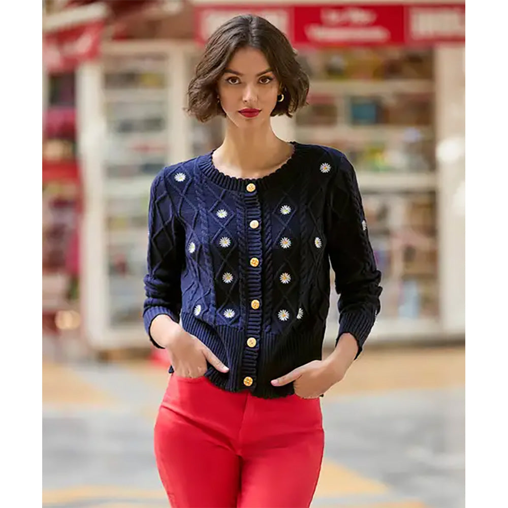 Jow Browns Daisy Embroidered Cable Knit Cardigan Navy WK794