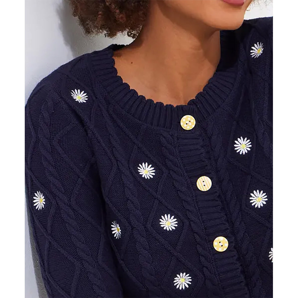 Jow Browns Daisy Embroidered Cable Knit Cardigan Navy WK794
