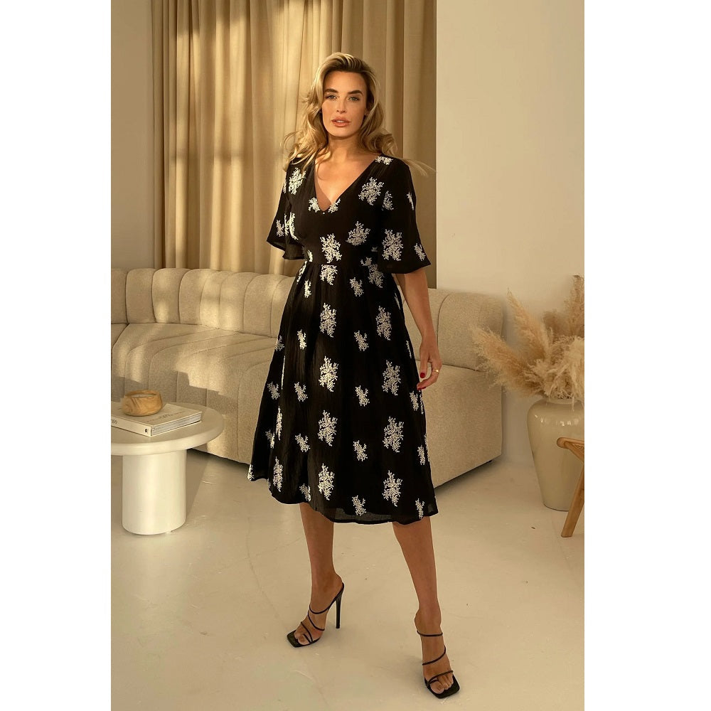 Lane Embroidered Angel Sleeve Midi Dress Black by Girl in Mind H Mcilroy London Lane Embroidered Angel Sleeve Midi Dress Black by Girl in Mind H Mcilroy London
