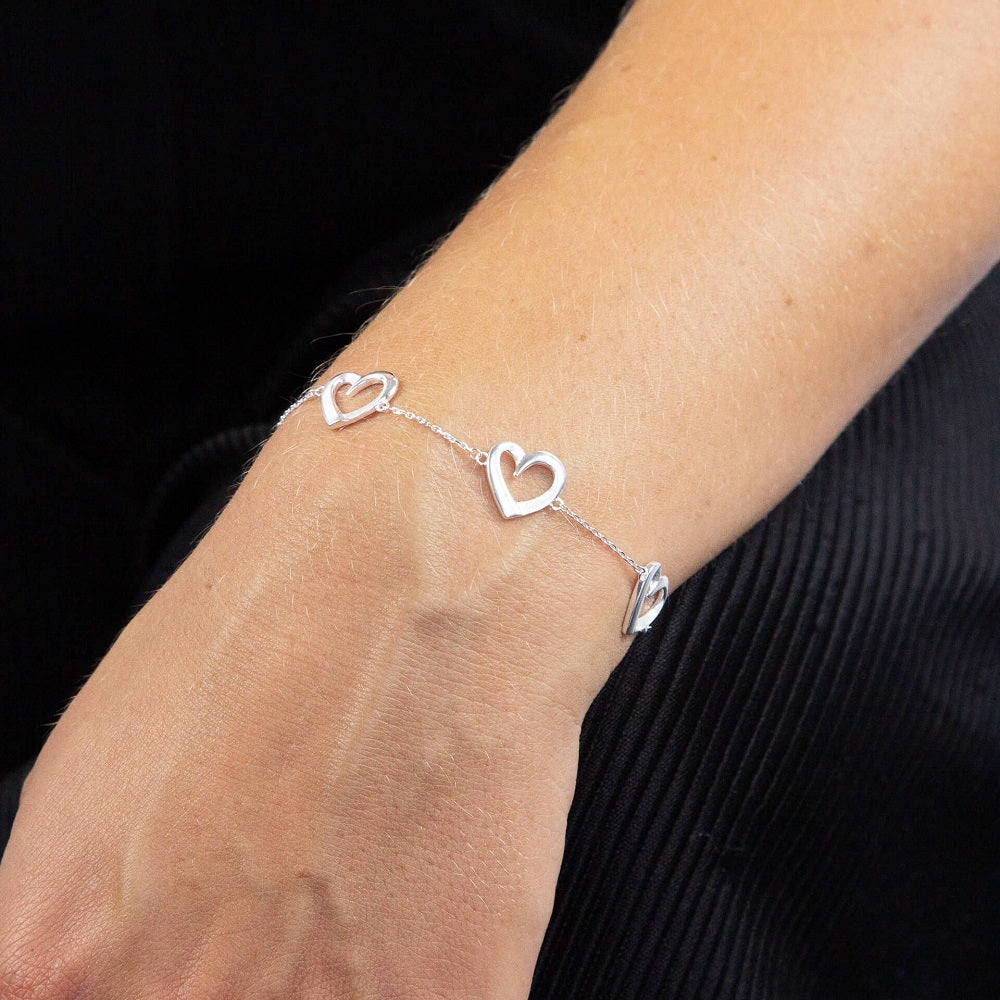 Layered Heart Station Sterling Silver Bracelet