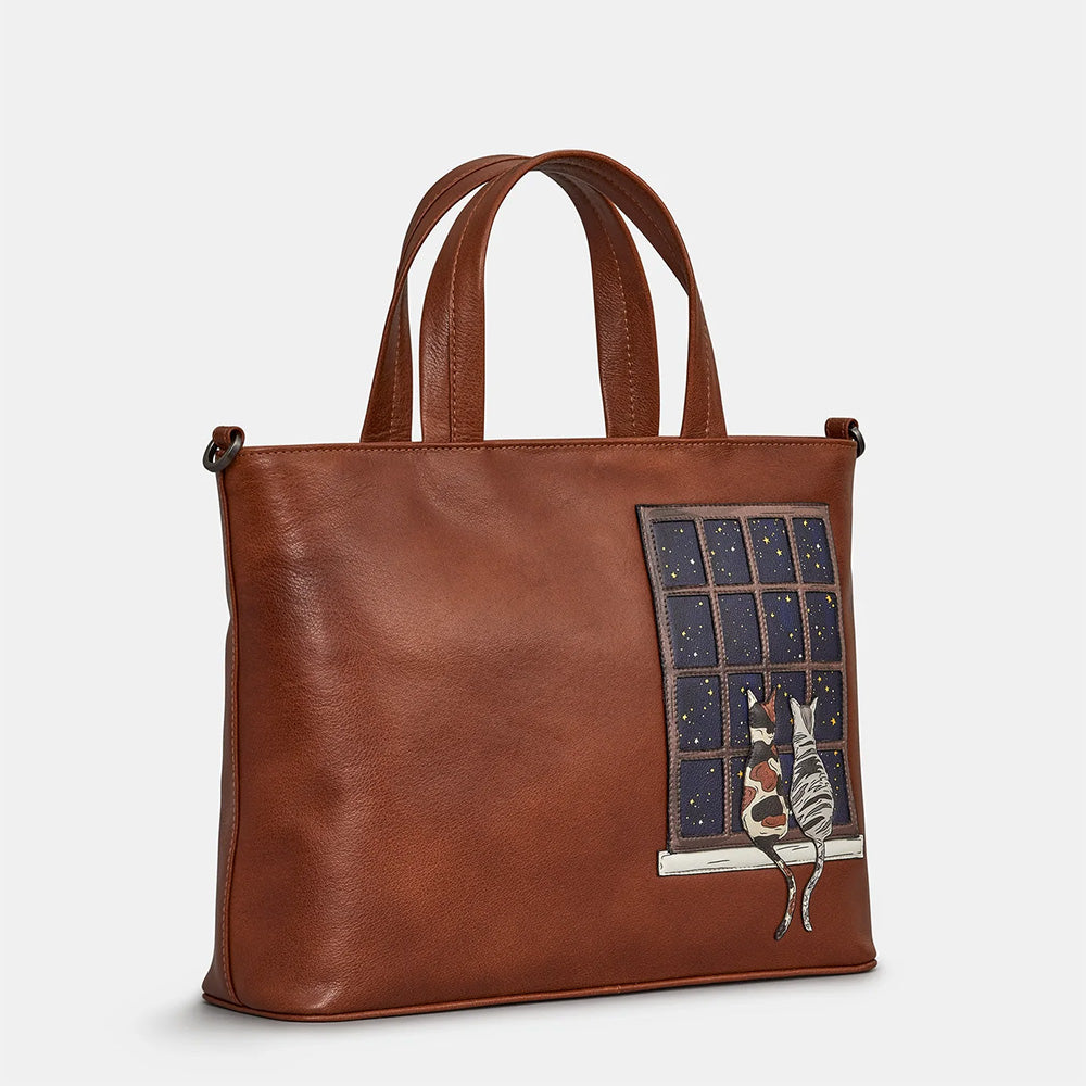 YOSHI Midnight Cats Brown Leather Multiway Grab Bag