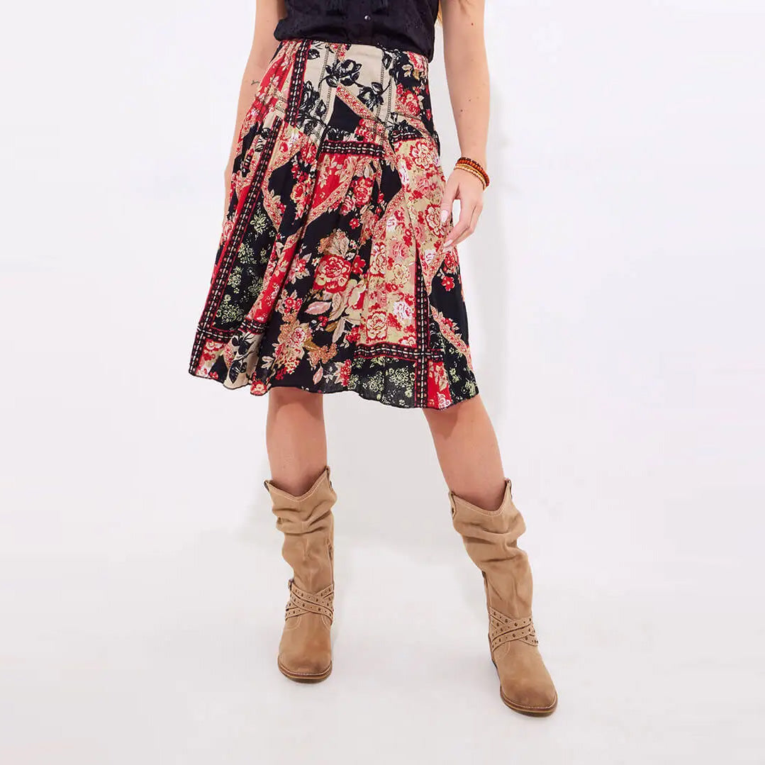 Joe Browns Sasha Patchwork Printed Knee Length Skirt in Black WS451