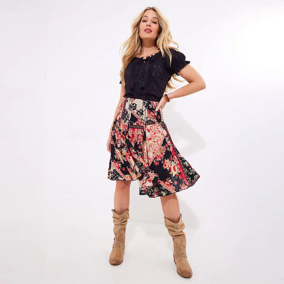 Joe Browns Sasha Patchwork Printed Knee Length Skirt in Black WS451