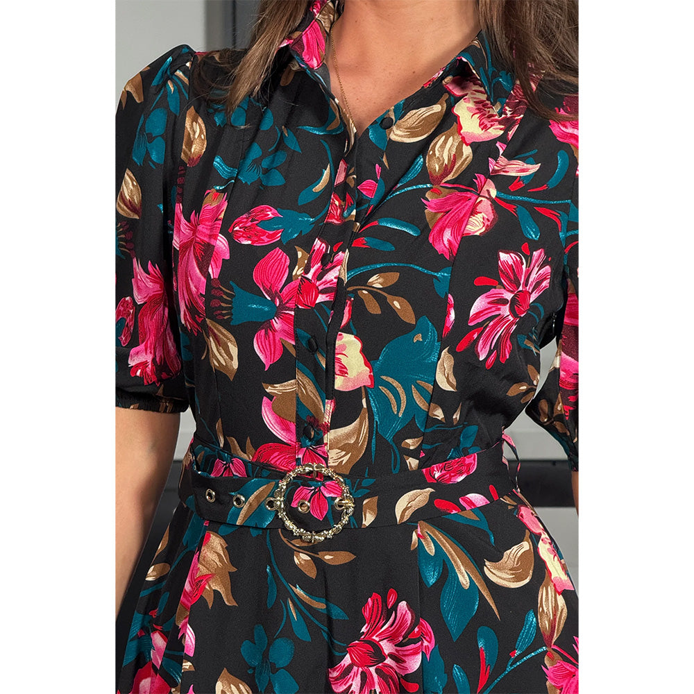 Girl in Mind Holland Black & Pink Floral Collar Midi Dress