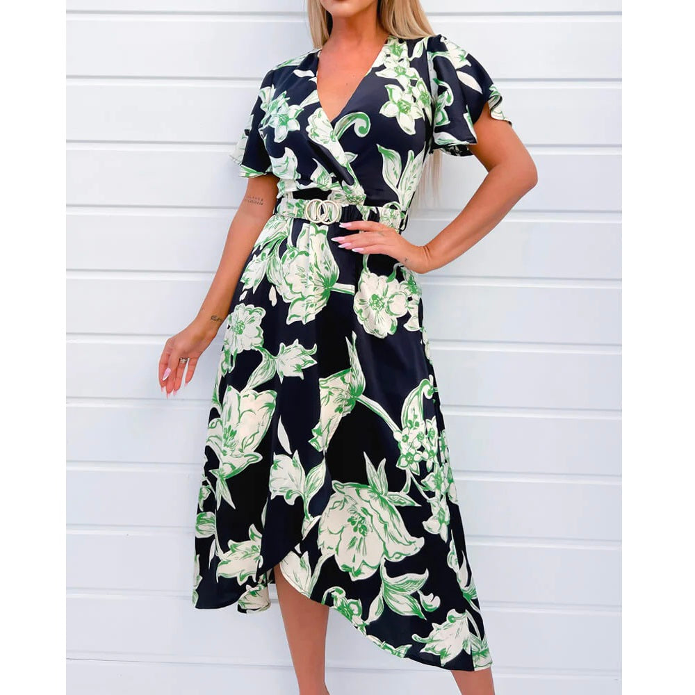 Multi Green And Black Floral Printed Short Sleeve Belted Wrap Midi Dre H Mcilroy London Multi Green And Black Floral Printed Short Sleeve Belted Wrap Midi Dre H Mcilroy London