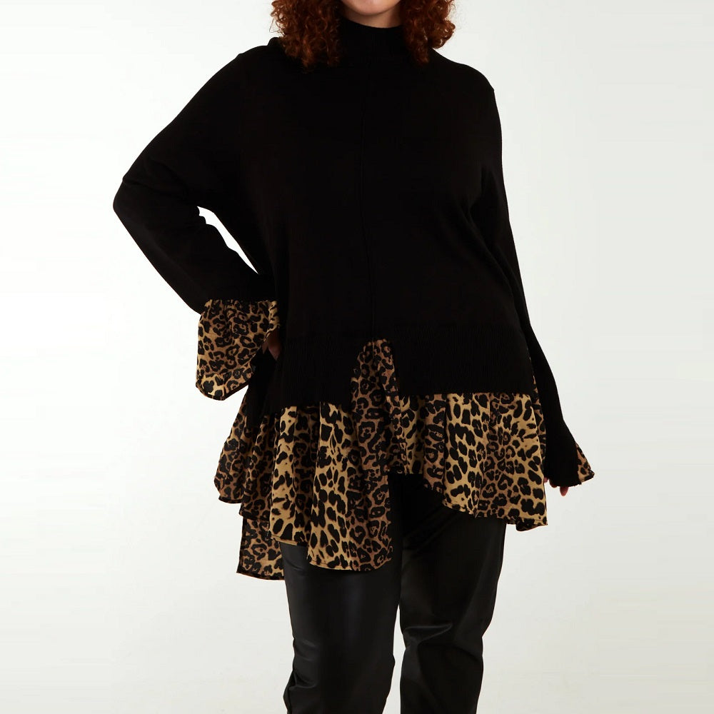 High Neck Jumper with Leopard Print Detail