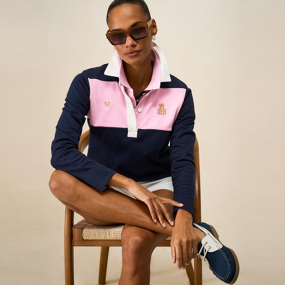 Henley Royal Regatta Cut and Sew Panel Rugby Shirt in Pink and Navy HRWWE006