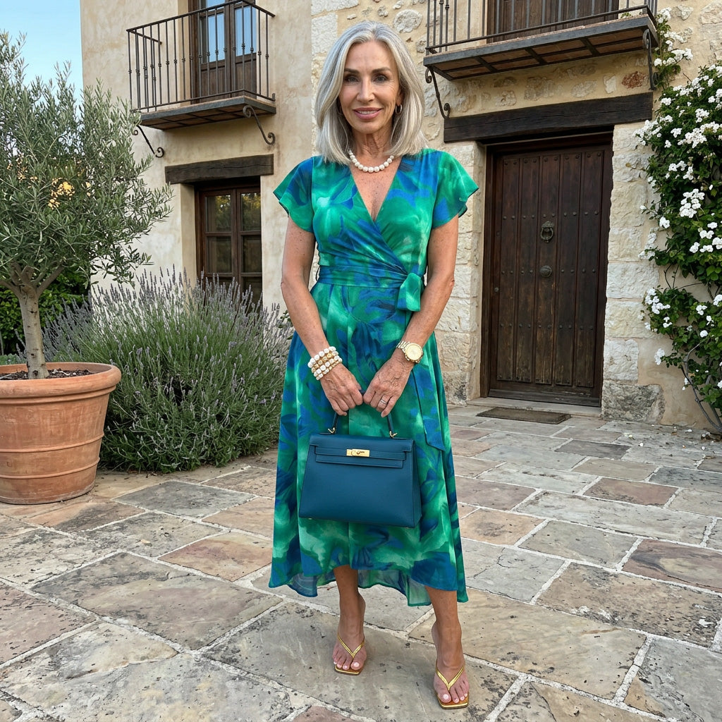 AX Paris Green And Blue Abstract Print Short Sleeve Belted Wrap Midi Dress DA2100 (Expected To Arrive 12/8)