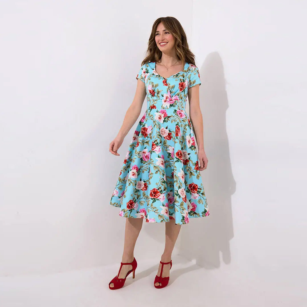 Joe Browns Vintage Roses Stretch Cotton Sateen Dress Blue WF261