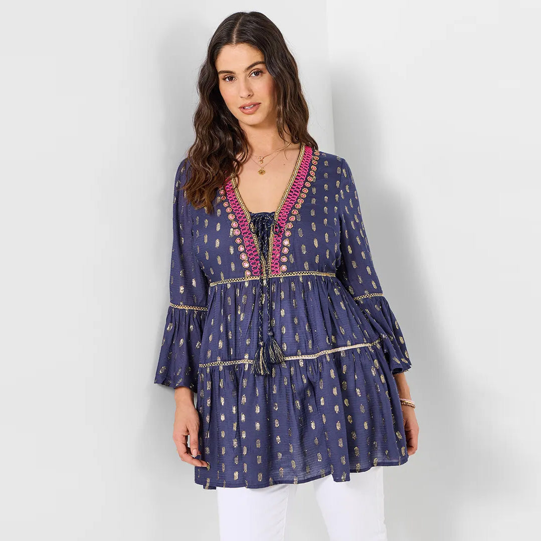 Joe Browns Festival Vibes Beaded Tunic Dress Blue WG740